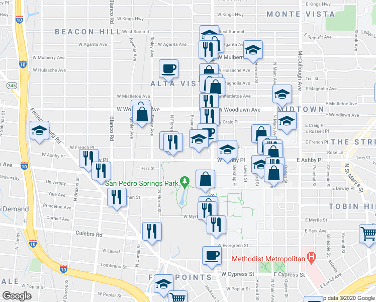 map of restaurants, bars, coffee shops, grocery stores, and more near 717 West Ashby Place in San Antonio