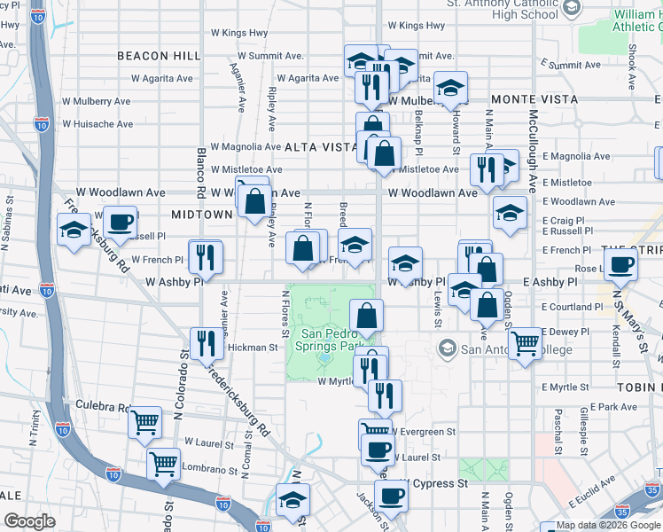 map of restaurants, bars, coffee shops, grocery stores, and more near 717 West Ashby Place in San Antonio