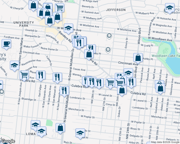 map of restaurants, bars, coffee shops, grocery stores, and more near 167 Sweetbriar Avenue in San Antonio