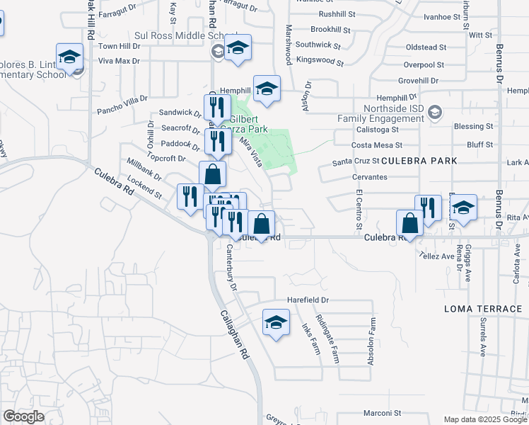 map of restaurants, bars, coffee shops, grocery stores, and more near 5821 Culebra Road in San Antonio