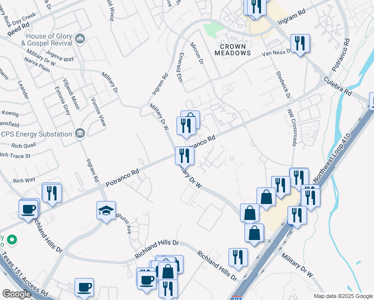 map of restaurants, bars, coffee shops, grocery stores, and more near 8150 Potranco Road in San Antonio