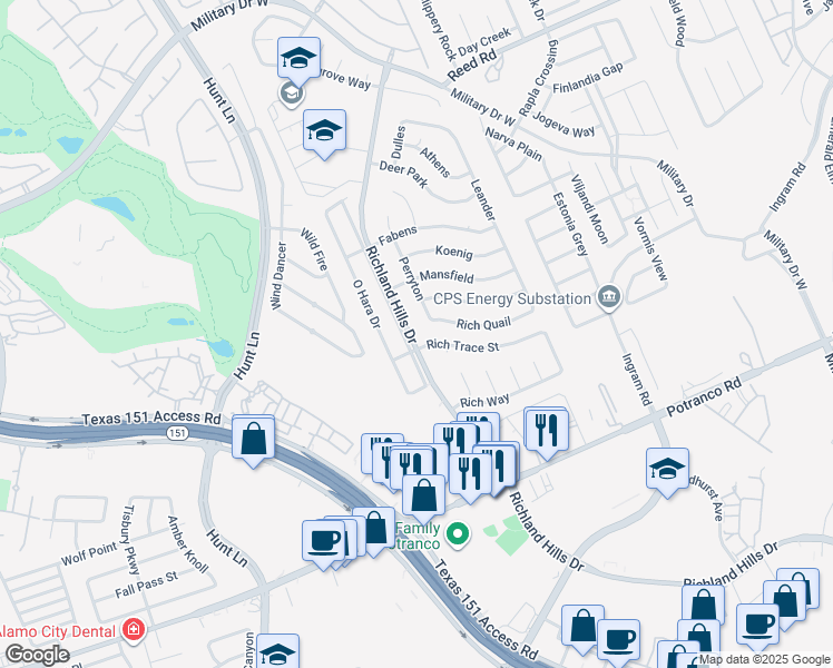 map of restaurants, bars, coffee shops, grocery stores, and more near 9055 Rich Trace Street in San Antonio