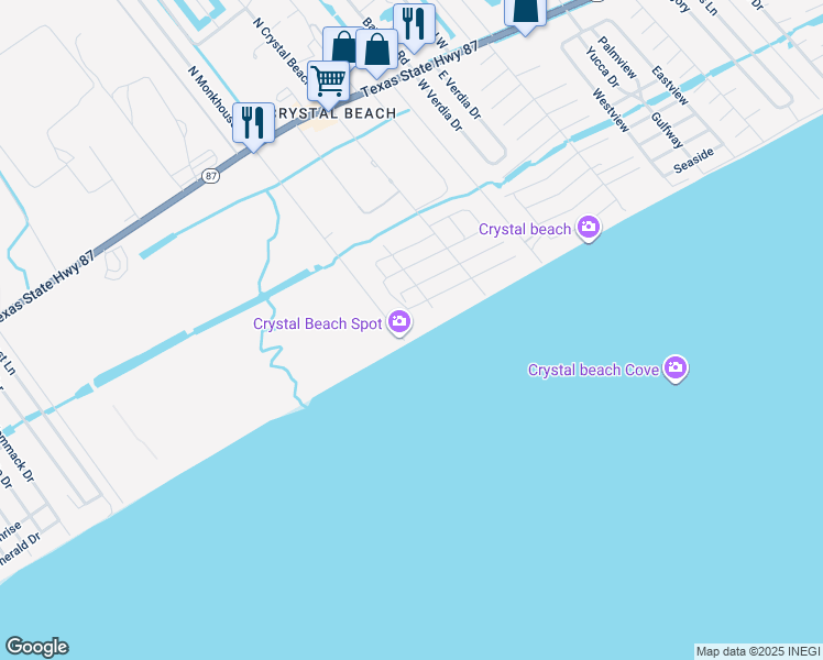 map of restaurants, bars, coffee shops, grocery stores, and more near 810 South Monkhouse Drive in Bolivar Peninsula