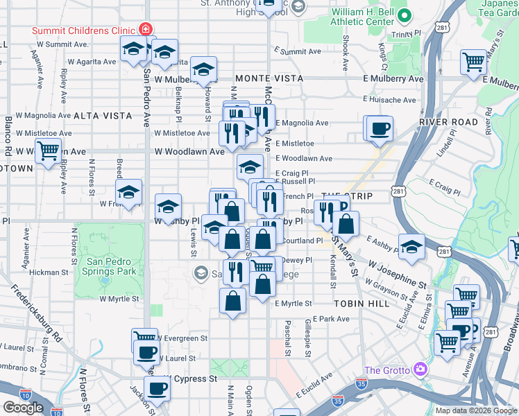 map of restaurants, bars, coffee shops, grocery stores, and more near 127 East Ashby Place in San Antonio