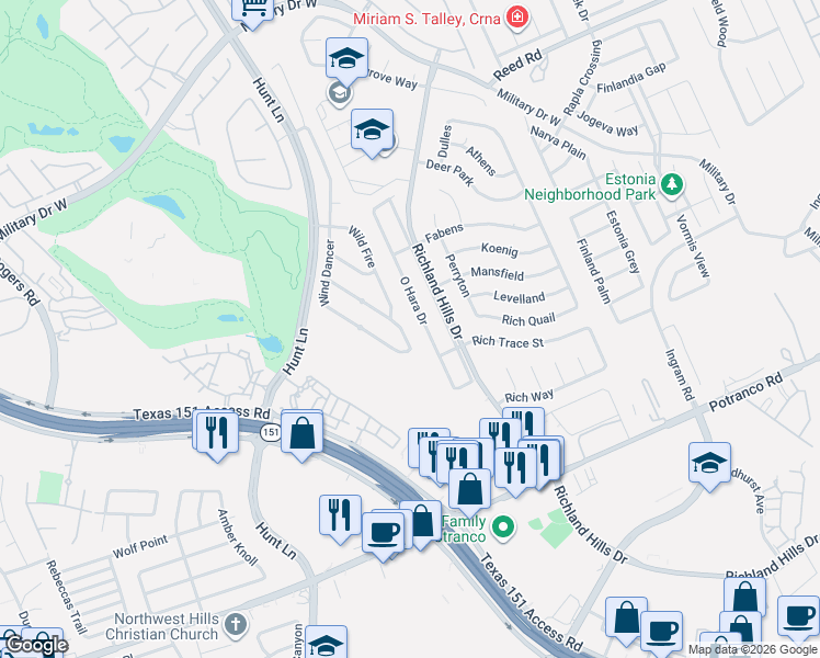 map of restaurants, bars, coffee shops, grocery stores, and more near 9227 Wind Dancer in San Antonio
