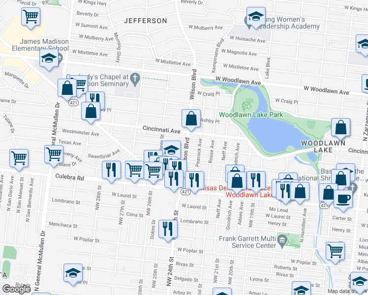 map of restaurants, bars, coffee shops, grocery stores, and more near 1804 Texas Avenue in San Antonio