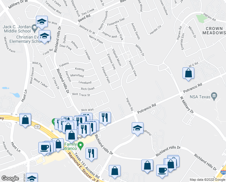 map of restaurants, bars, coffee shops, grocery stores, and more near 8630 Laheema Harbor in San Antonio