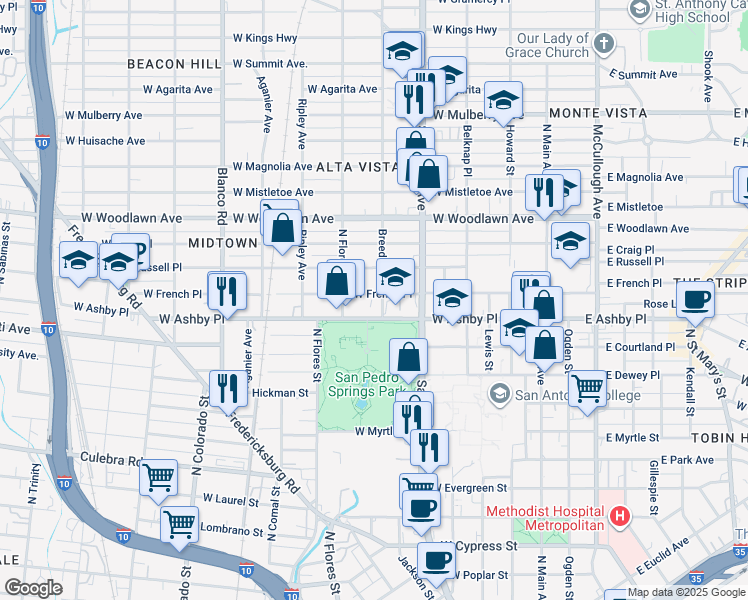 map of restaurants, bars, coffee shops, grocery stores, and more near 706 West French Place in San Antonio