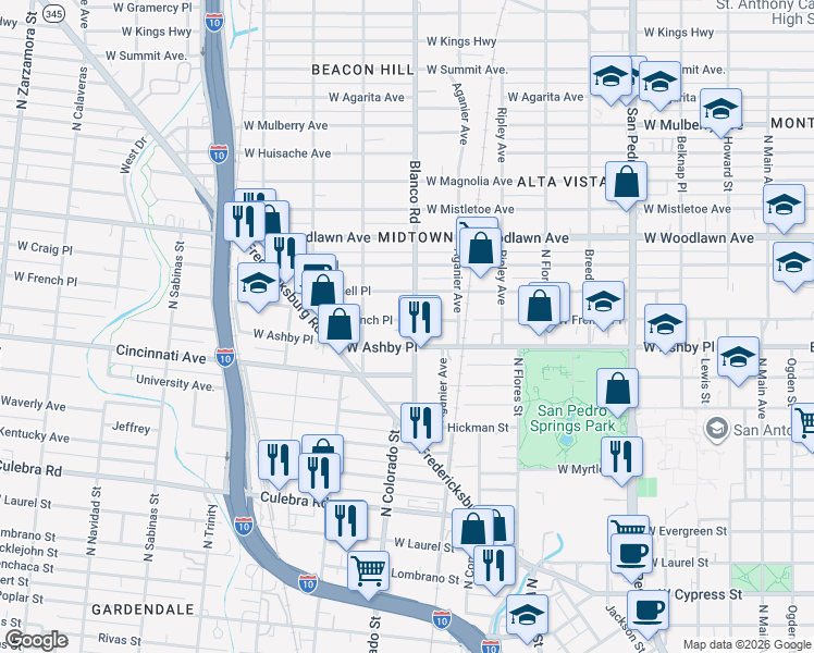map of restaurants, bars, coffee shops, grocery stores, and more near 409 Blanco Road in San Antonio