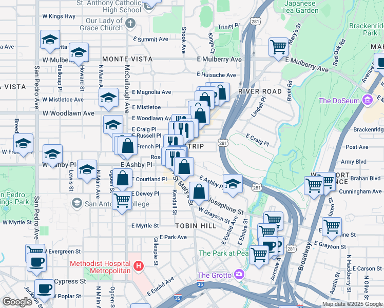 map of restaurants, bars, coffee shops, grocery stores, and more near 119 Terry Court in San Antonio