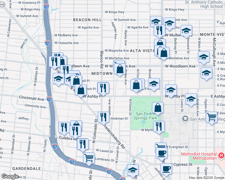 map of restaurants, bars, coffee shops, grocery stores, and more near 1007 West Ashby Place in San Antonio