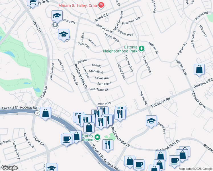 map of restaurants, bars, coffee shops, grocery stores, and more near 8943 Rich Trace Street in San Antonio