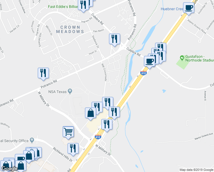 map of restaurants, bars, coffee shops, grocery stores, and more near 1500 Northwest Crossroads in San Antonio