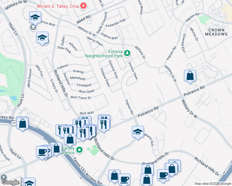 map of restaurants, bars, coffee shops, grocery stores, and more near 8630 Laheema Harbor in San Antonio
