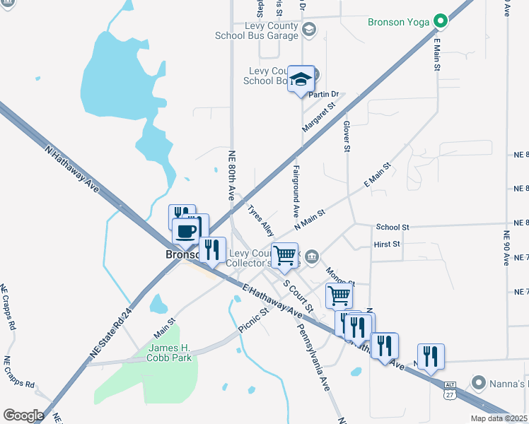 map of restaurants, bars, coffee shops, grocery stores, and more near 201 Tyres Alley in Bronson
