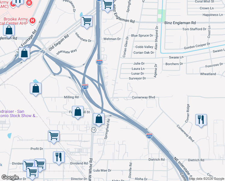 map of restaurants, bars, coffee shops, grocery stores, and more near 628 Springfield Road in San Antonio