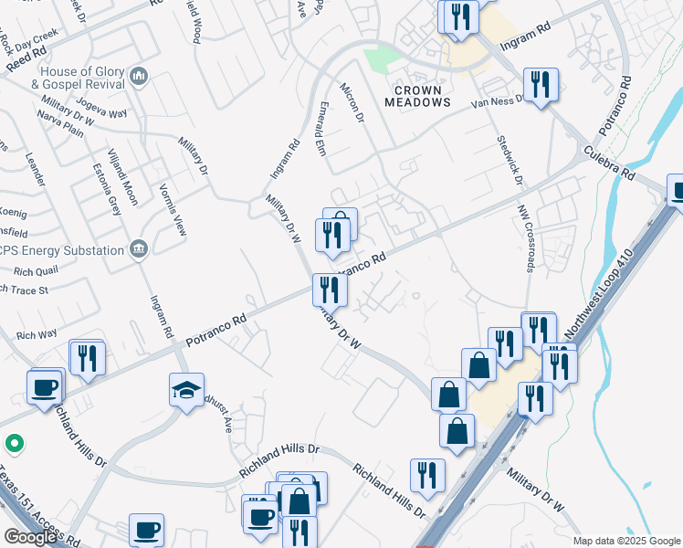 map of restaurants, bars, coffee shops, grocery stores, and more near 8030 Potranco Road in San Antonio