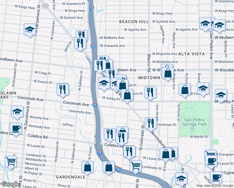 map of restaurants, bars, coffee shops, grocery stores, and more near 735 Fredericksburg Road in San Antonio