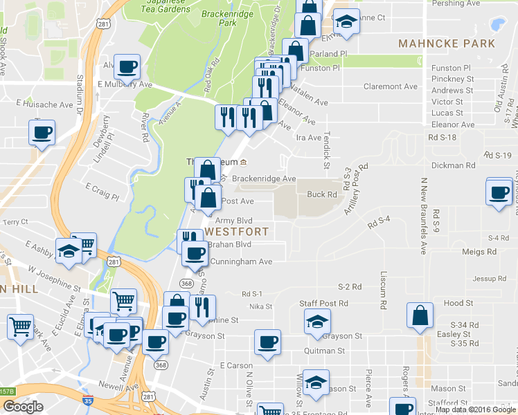 map of restaurants, bars, coffee shops, grocery stores, and more near 341 Army Boulevard in San Antonio