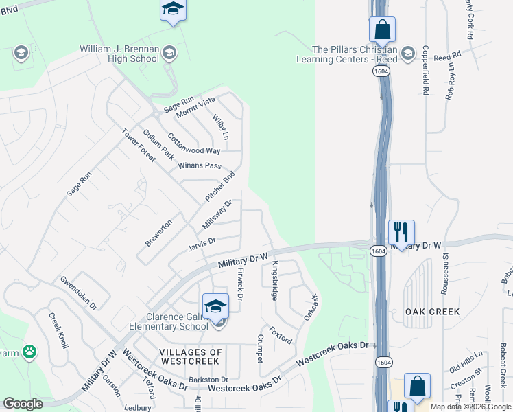 map of restaurants, bars, coffee shops, grocery stores, and more near 1835 Kingsbridge in San Antonio