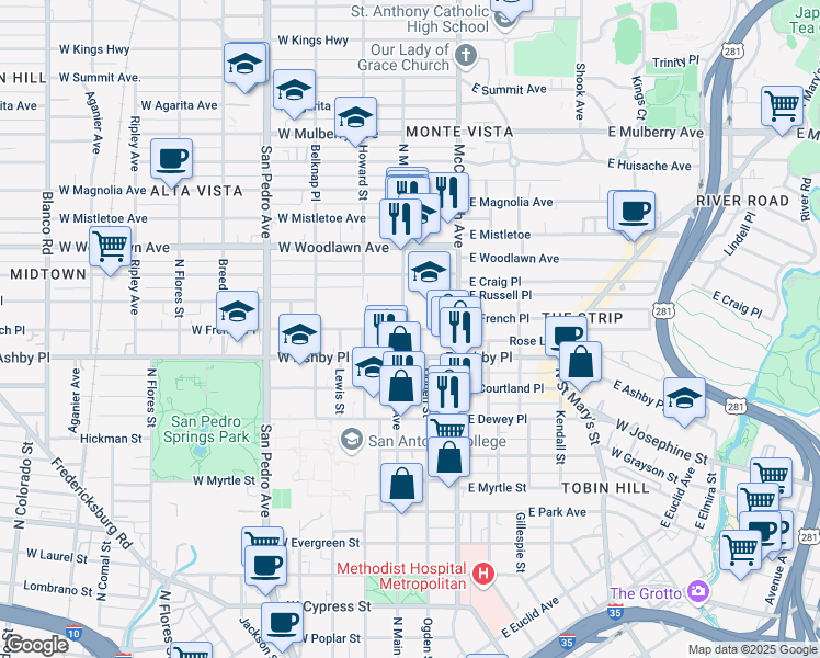 map of restaurants, bars, coffee shops, grocery stores, and more near 105 East French Place in San Antonio
