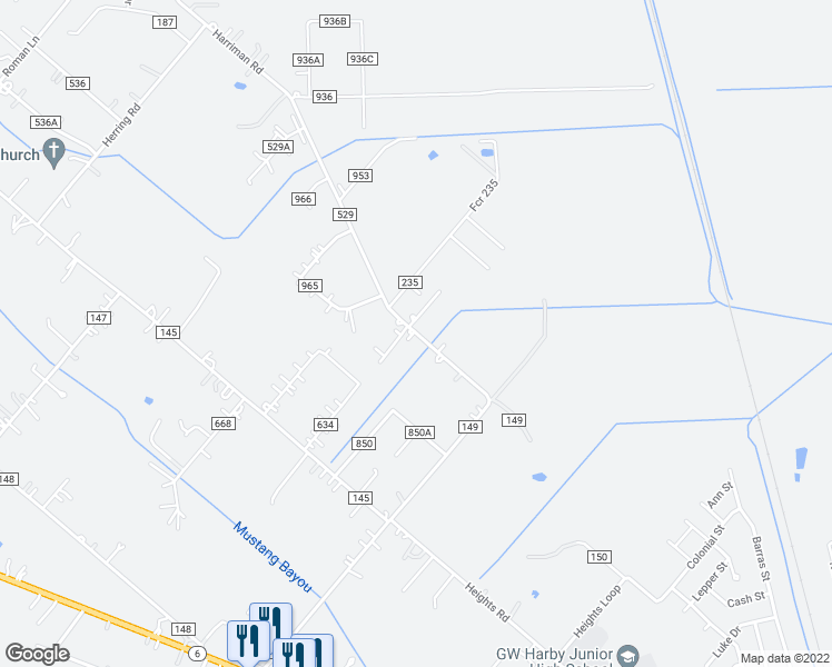 map of restaurants, bars, coffee shops, grocery stores, and more near 2230 County Road 529 in Alvin