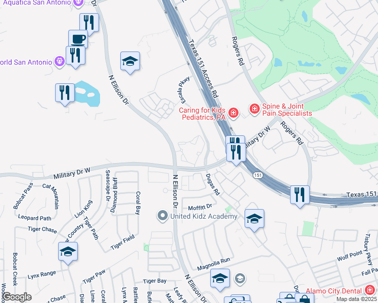 map of restaurants, bars, coffee shops, grocery stores, and more near 1626 North Ellison Drive in San Antonio