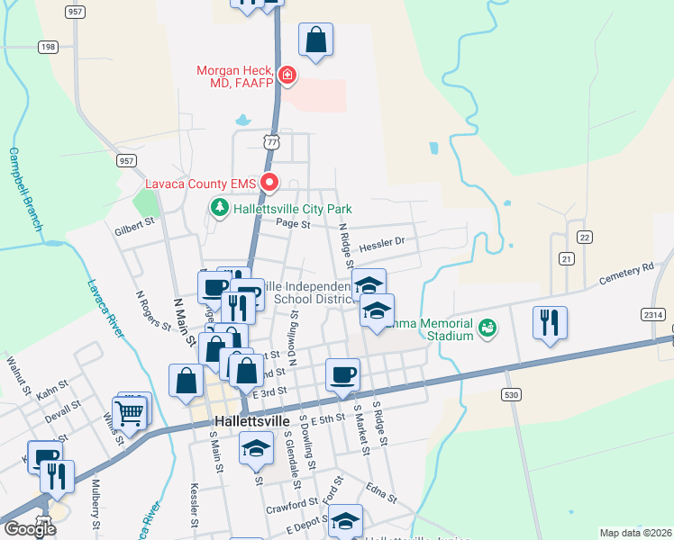 map of restaurants, bars, coffee shops, grocery stores, and more near 509 North Market Street in Hallettsville