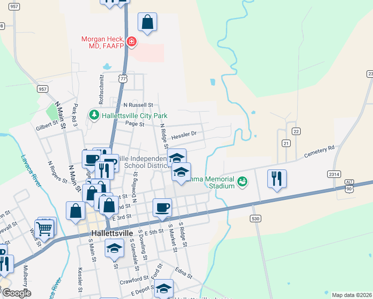 map of restaurants, bars, coffee shops, grocery stores, and more near 406 North Ridge Street in Hallettsville