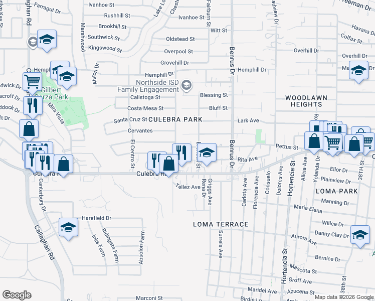 map of restaurants, bars, coffee shops, grocery stores, and more near 5223 Rita Avenue in San Antonio