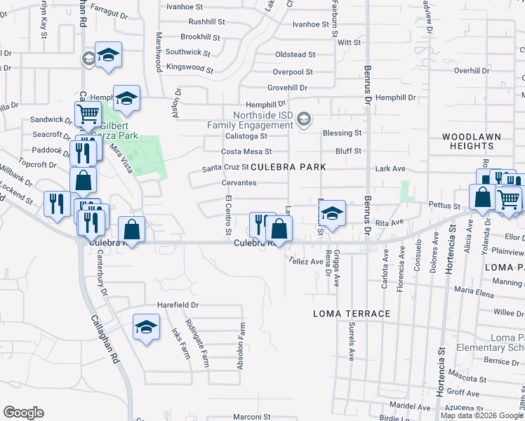 map of restaurants, bars, coffee shops, grocery stores, and more near 5342 San Simeon Drive in San Antonio