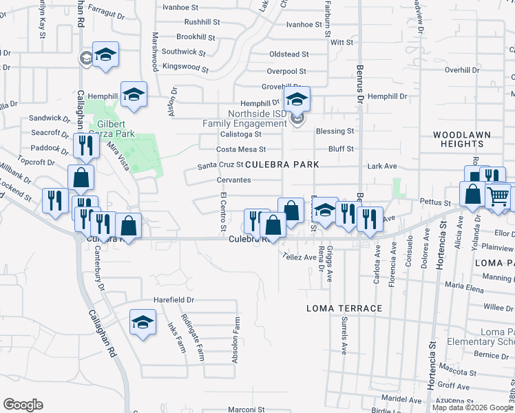 map of restaurants, bars, coffee shops, grocery stores, and more near 5342 San Simeon Drive in San Antonio