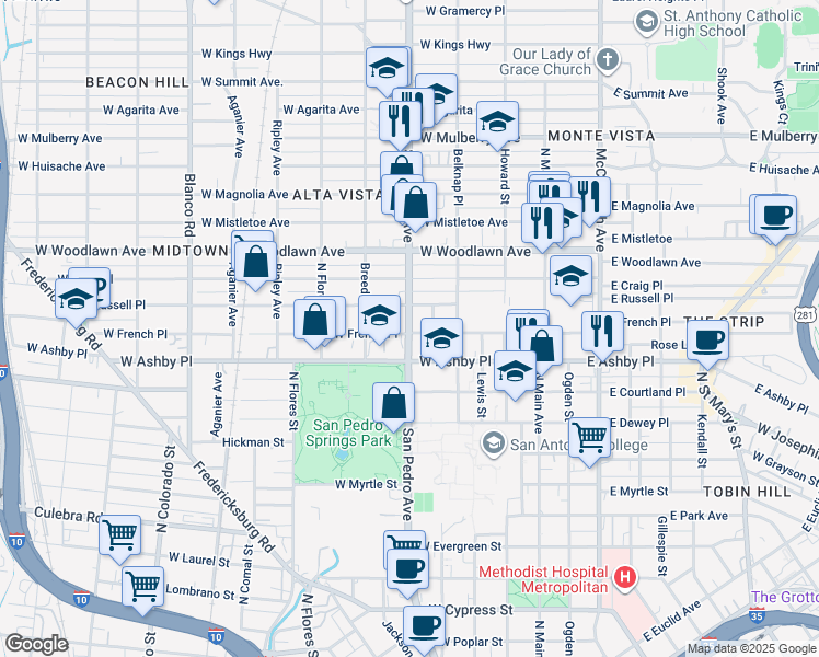 map of restaurants, bars, coffee shops, grocery stores, and more near 1718 San Pedro Avenue in San Antonio