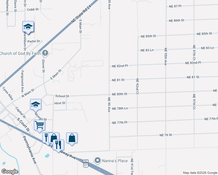 map of restaurants, bars, coffee shops, grocery stores, and more near 745 School Street in Bronson