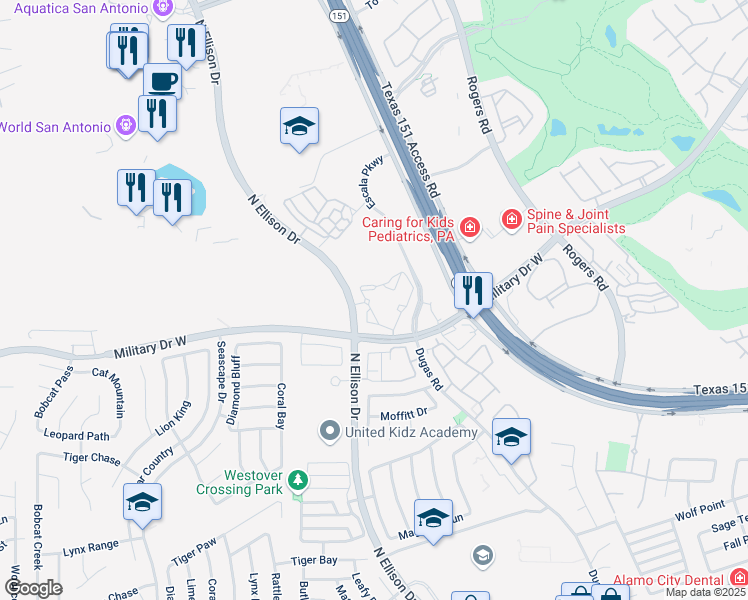 map of restaurants, bars, coffee shops, grocery stores, and more near 1626 North Ellison Drive in San Antonio