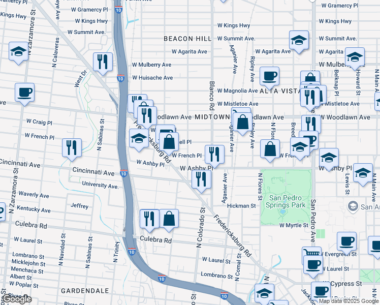 map of restaurants, bars, coffee shops, grocery stores, and more near 1144 West Russell Place in San Antonio