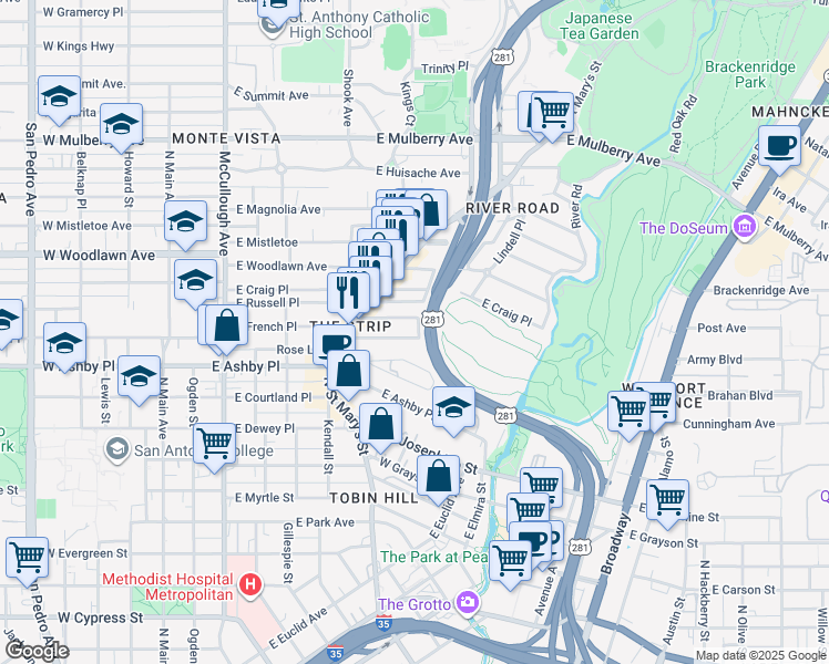 map of restaurants, bars, coffee shops, grocery stores, and more near 151 Valdez Place in San Antonio