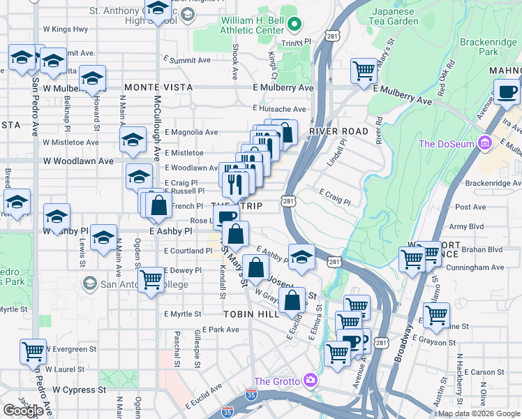 map of restaurants, bars, coffee shops, grocery stores, and more near 127 Valdez Place in San Antonio