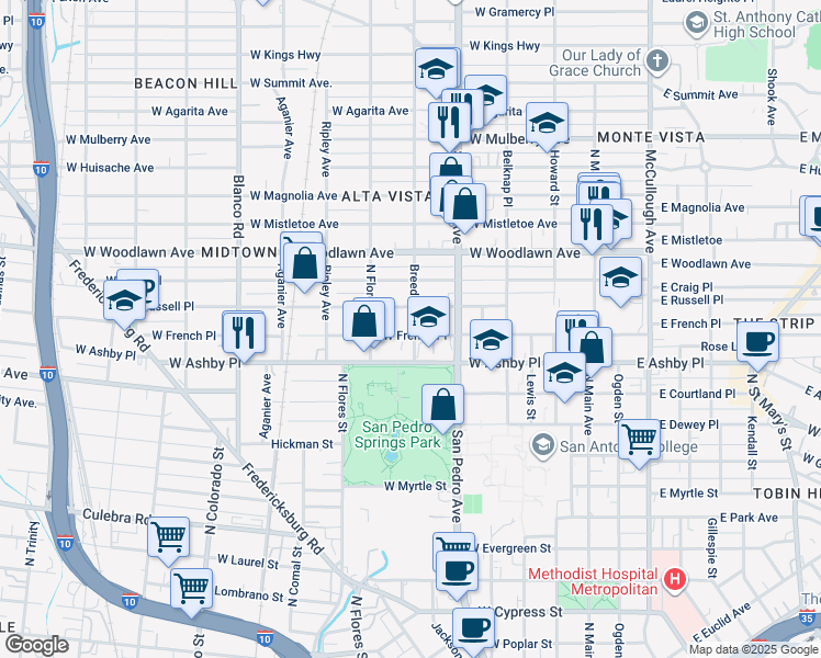 map of restaurants, bars, coffee shops, grocery stores, and more near 626 West Russell Place in San Antonio