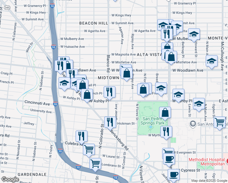 map of restaurants, bars, coffee shops, grocery stores, and more near 1006 West Russell Place in San Antonio