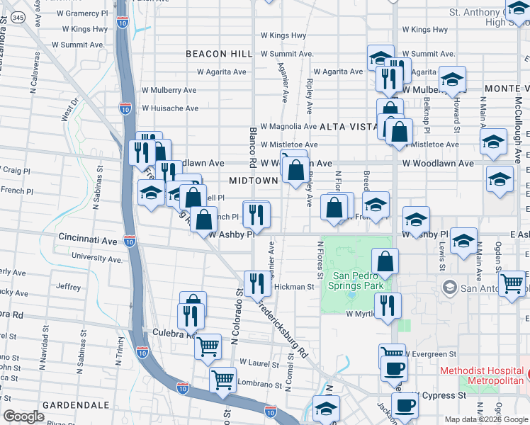 map of restaurants, bars, coffee shops, grocery stores, and more near 1006 West Russell Place in San Antonio