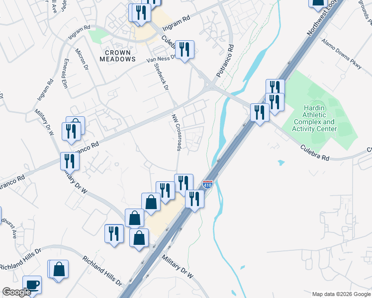map of restaurants, bars, coffee shops, grocery stores, and more near 1530 Northwest Crossroads in San Antonio