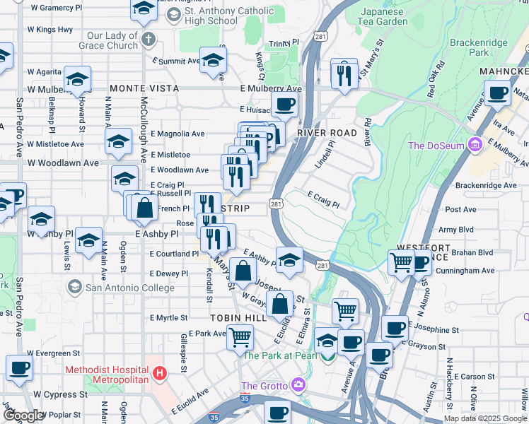 map of restaurants, bars, coffee shops, grocery stores, and more near 151 Valdez Place in San Antonio