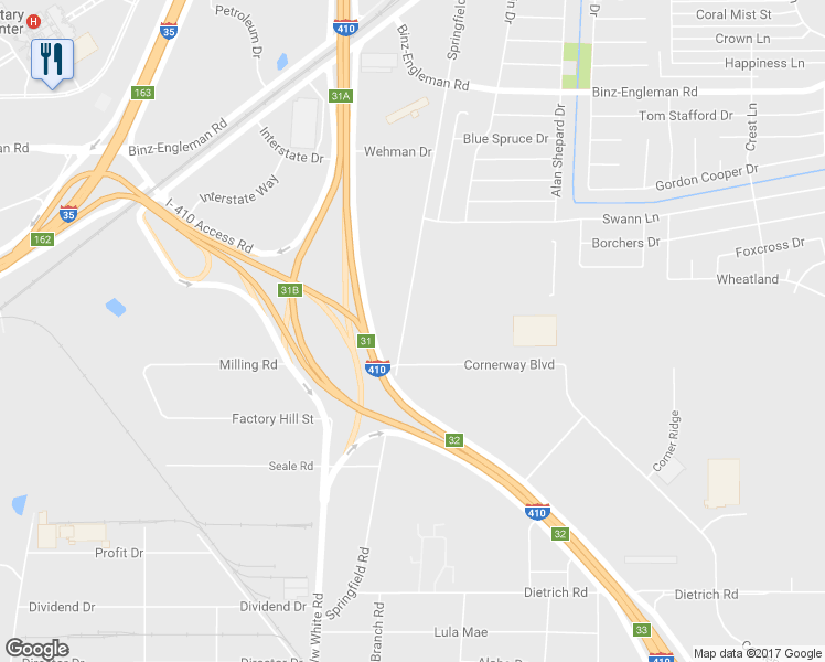 map of restaurants, bars, coffee shops, grocery stores, and more near 628 Springfield Road in San Antonio