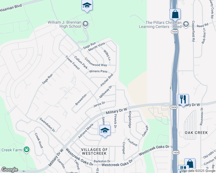map of restaurants, bars, coffee shops, grocery stores, and more near 11715 Millsway Drive in San Antonio