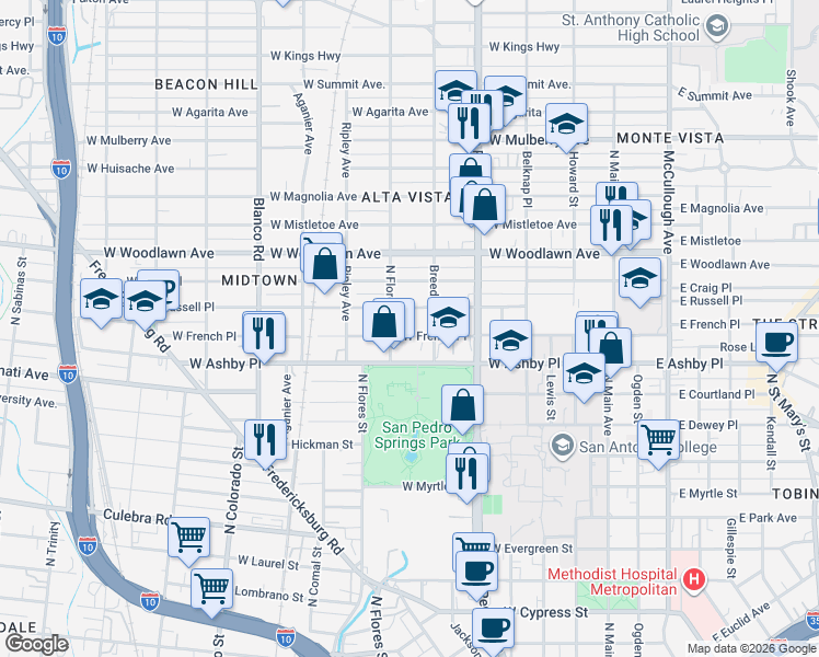 map of restaurants, bars, coffee shops, grocery stores, and more near 723 West Russell Place in San Antonio