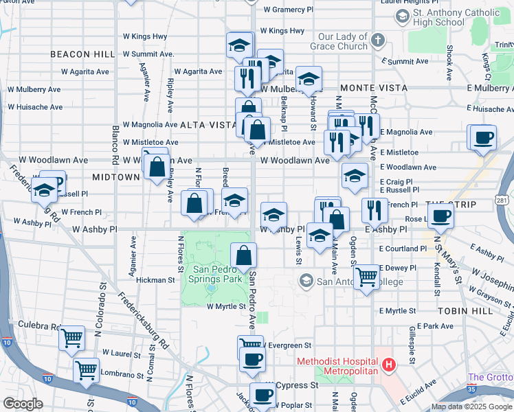 map of restaurants, bars, coffee shops, grocery stores, and more near 1718 San Pedro Avenue in San Antonio