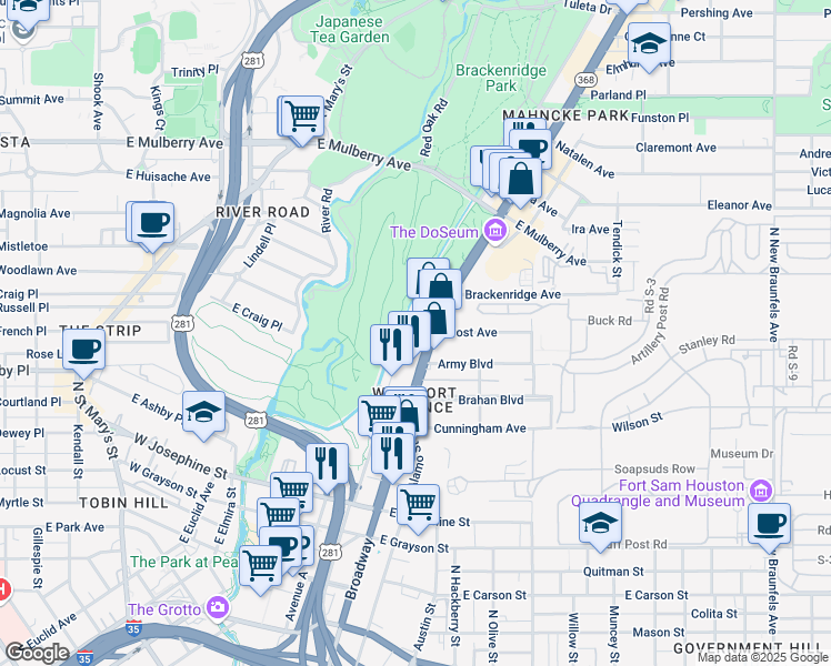 map of restaurants, bars, coffee shops, grocery stores, and more near 10 Avenue B in San Antonio