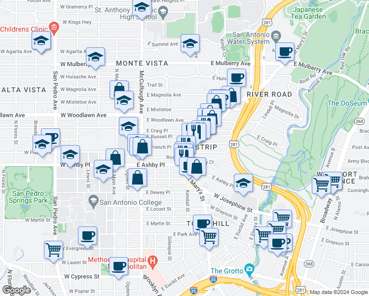 map of restaurants, bars, coffee shops, grocery stores, and more near 310 East Russell Place in San Antonio