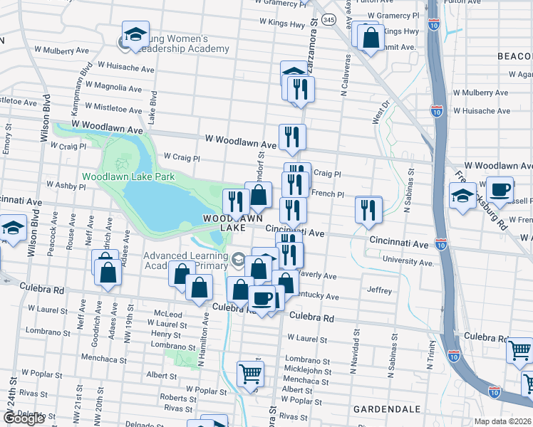 map of restaurants, bars, coffee shops, grocery stores, and more near 1943 West Ashby Place in San Antonio